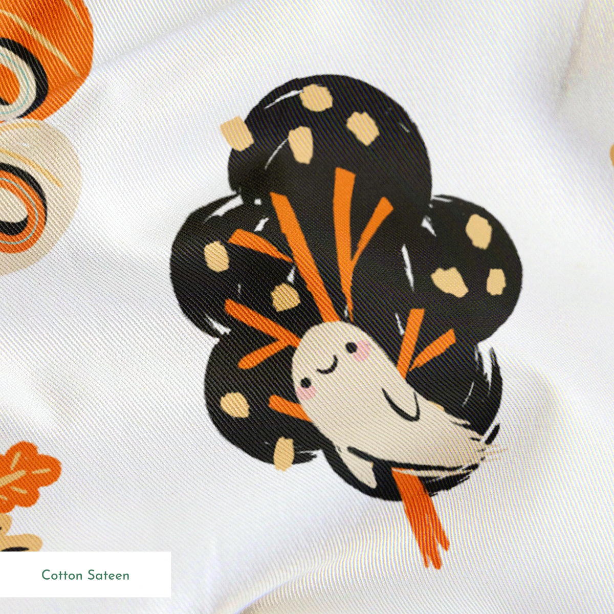 Halloween-themed pattern with Winnie the Pooh characters, pumpkins, and autumn motifs in orange, teal and black on white background. springs sateen texture