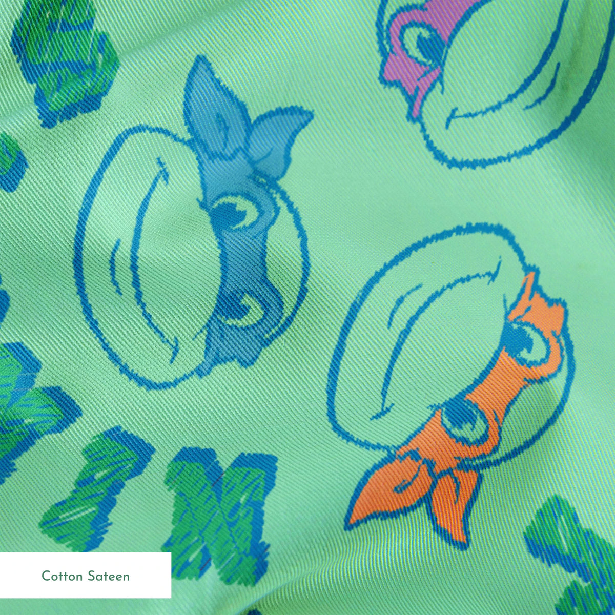 Pattern of Teenage Mutant Ninja Turtles with colored masks in blue, red, and purple on mint green background springs sateen texture