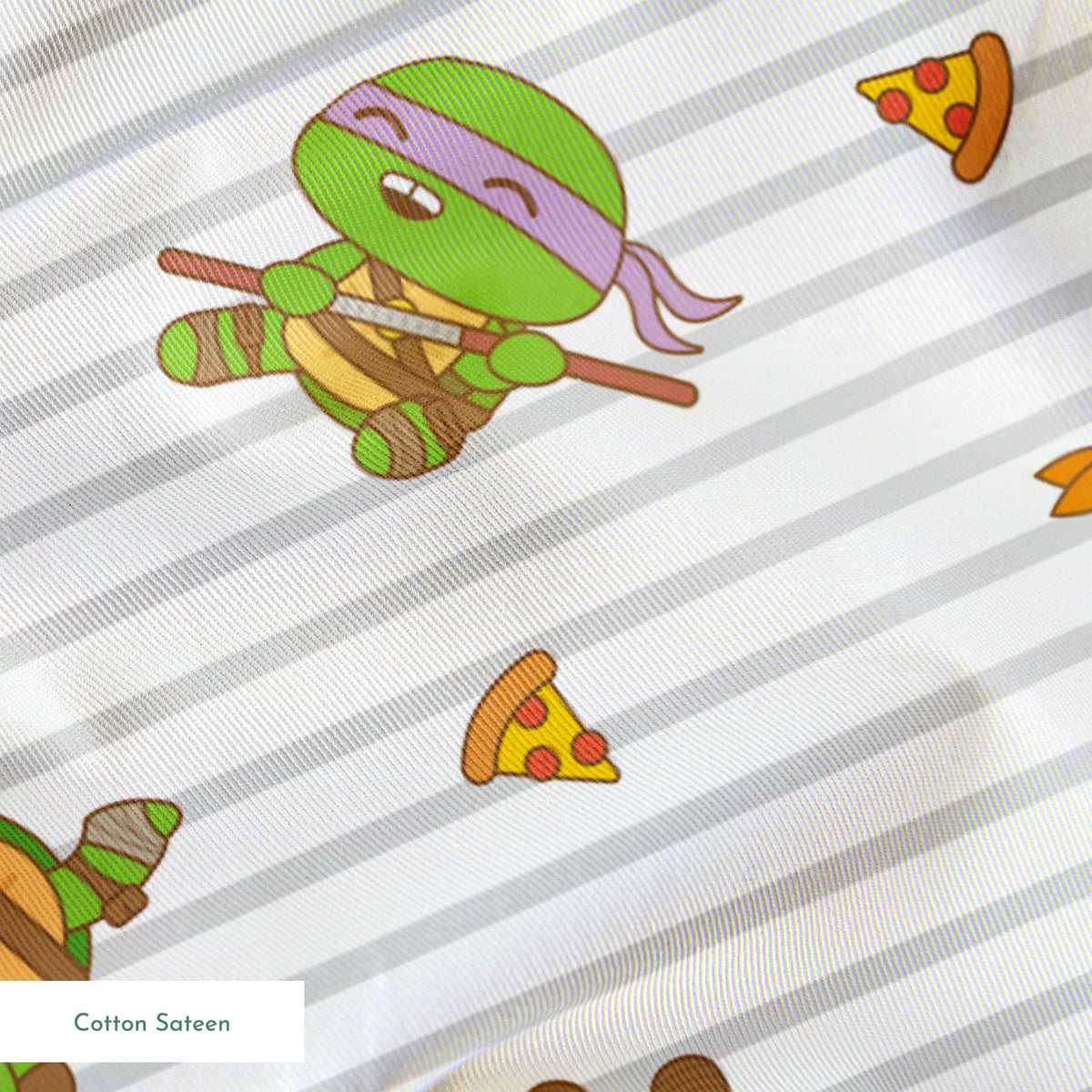 Teenage Mutant Ninja Turtles in various poses with pizza slices on gray striped background springs sateen texture