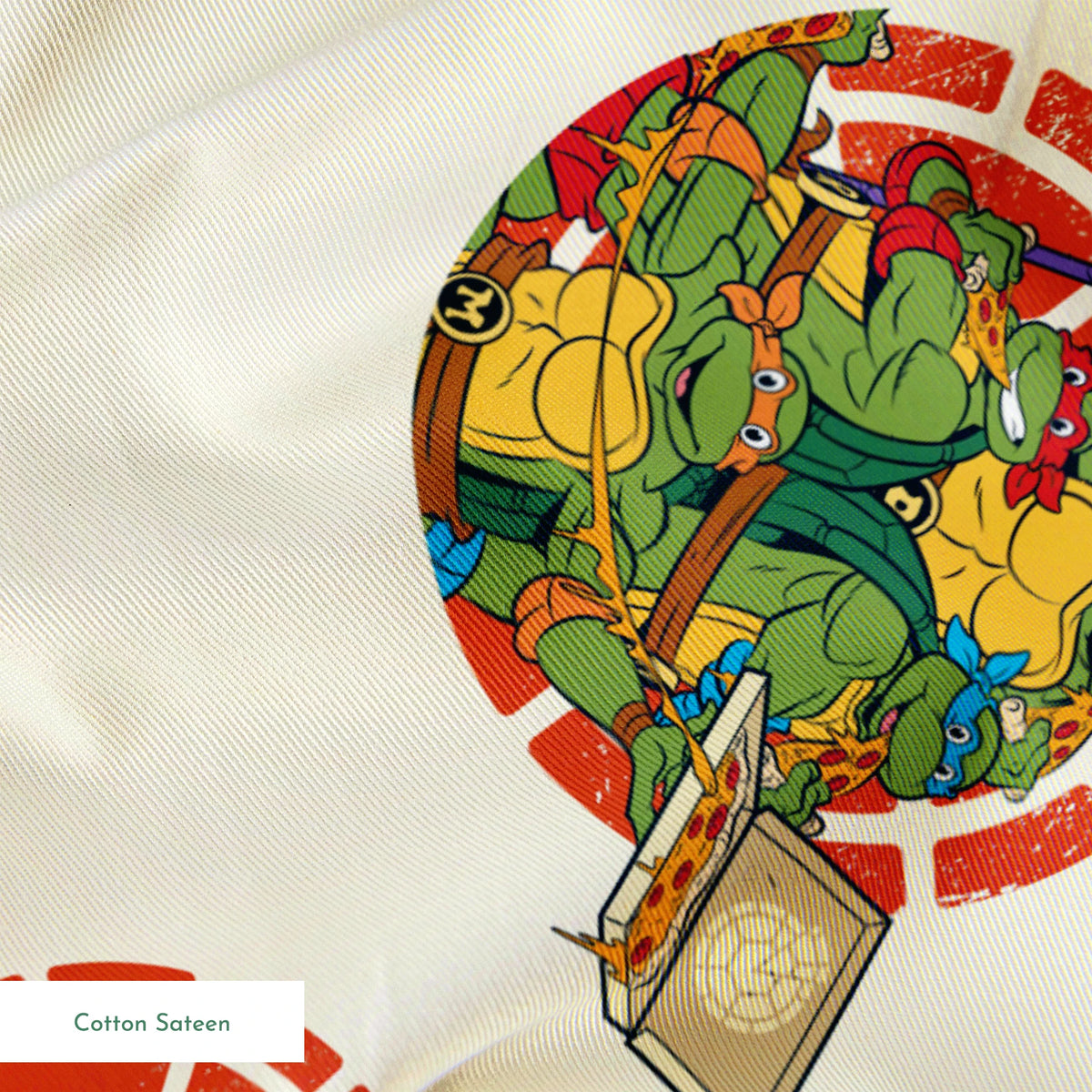 TMNT characters in circular formations on cream background with red shell pattern springs sateen texture
