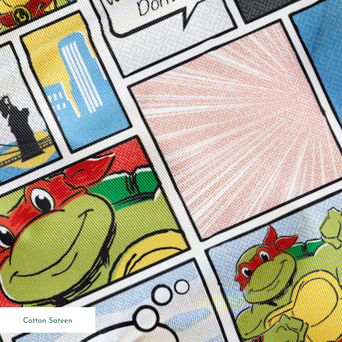 Comic-style grid featuring Teenage Mutant Ninja Turtles with speech bubbles, action scenes, and colorful panels springs sateen texture