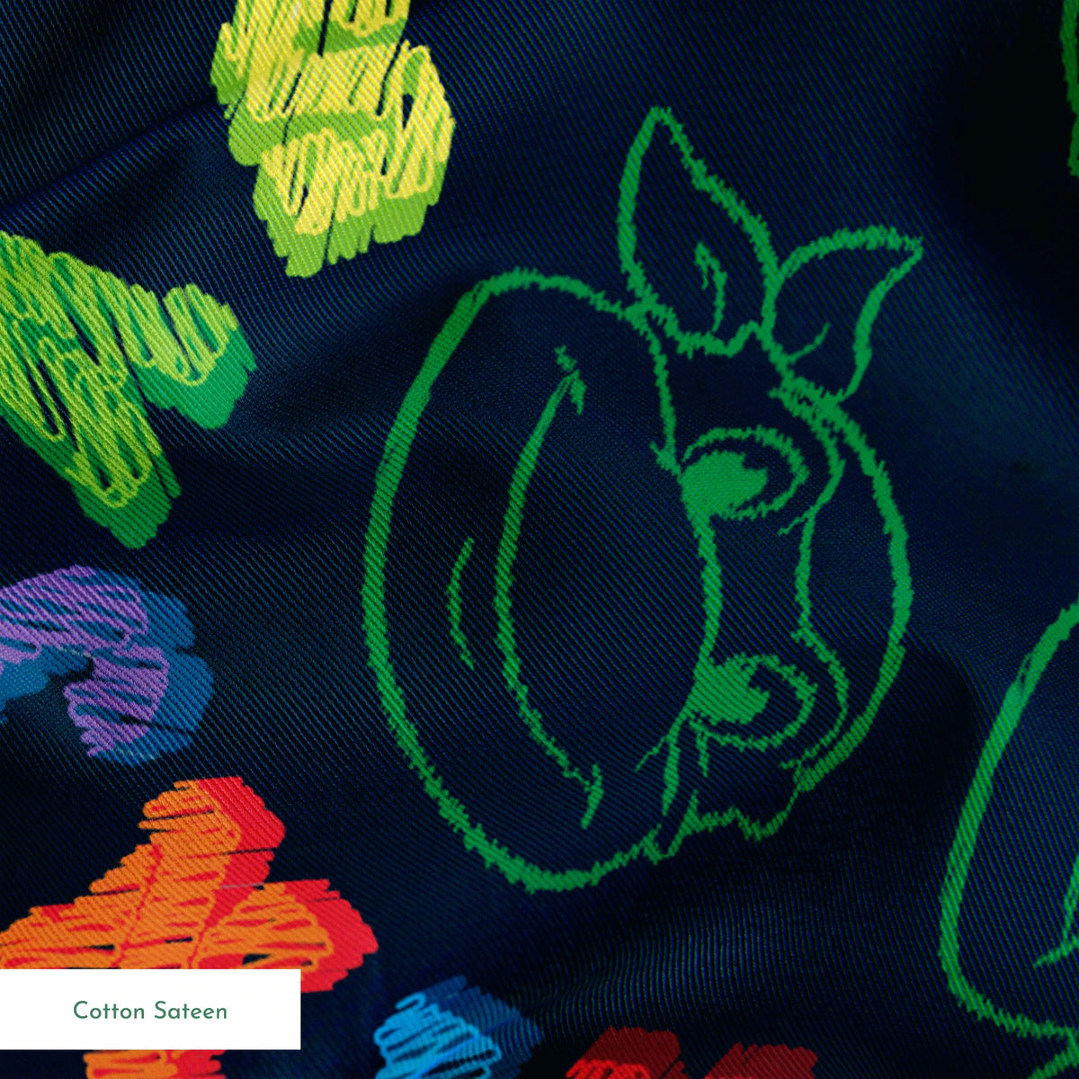 Colorful Ninja Turtles pattern with green outlines on dark blue background springs sateen texture