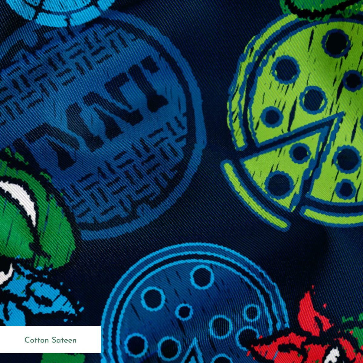 Teenage Mutant Ninja Turtles pattern with cartoon character heads and green/blue pizza circles springs sateen texture