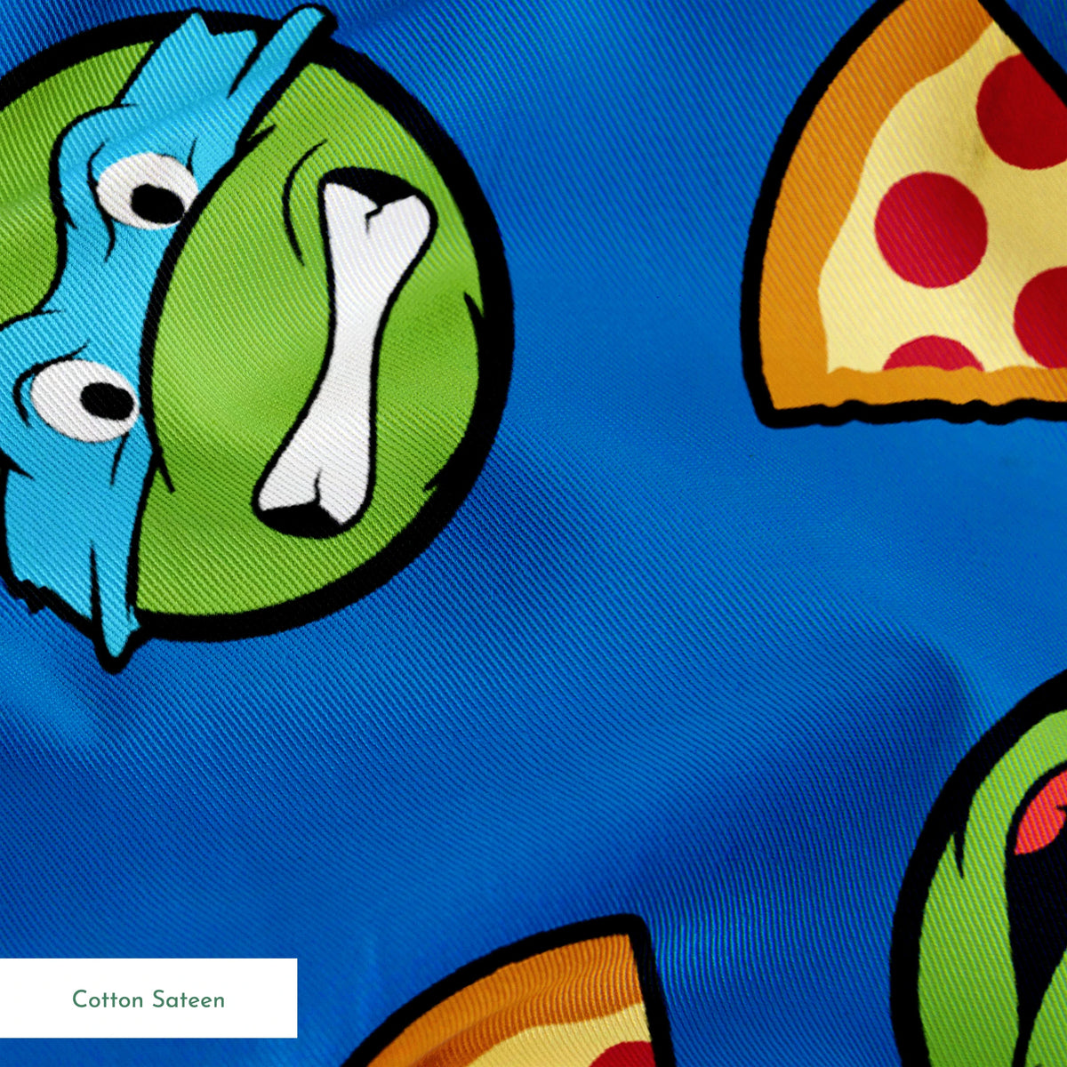 Teenage Mutant Ninja Turtle faces with colored masks and pizza slices pattern on blue background springs sateen texture