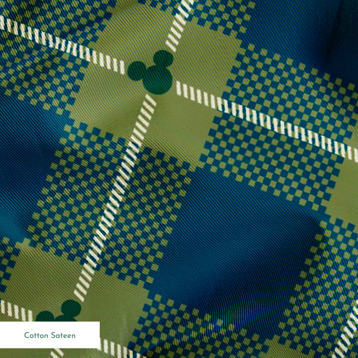 Geometric plaid pattern with teal and olive green diamonds, white diagonal stripes and checkered textures springs sateen texture