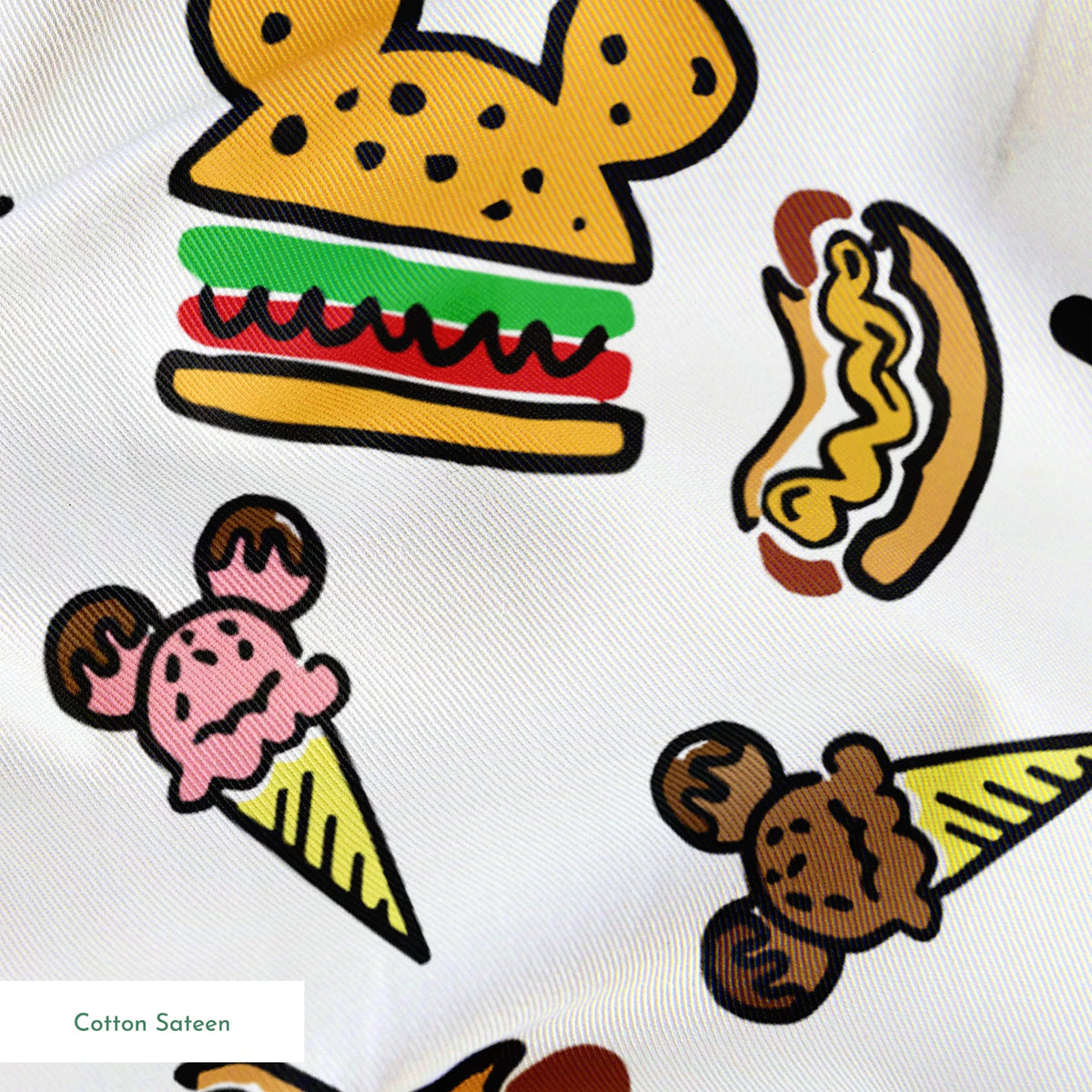 Colorful Disney theme park food icons including Mickey-shaped burgers, ice cream cones, hot dogs and apples on white background springs sateen texture