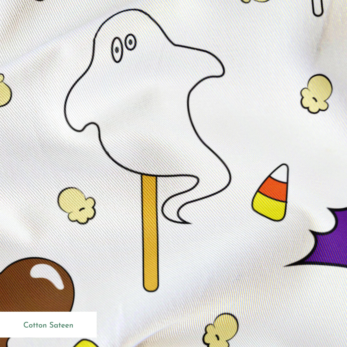Disney Halloween themed pattern with candy lollipops, ghost, bats, and candy corn springs sateen texture