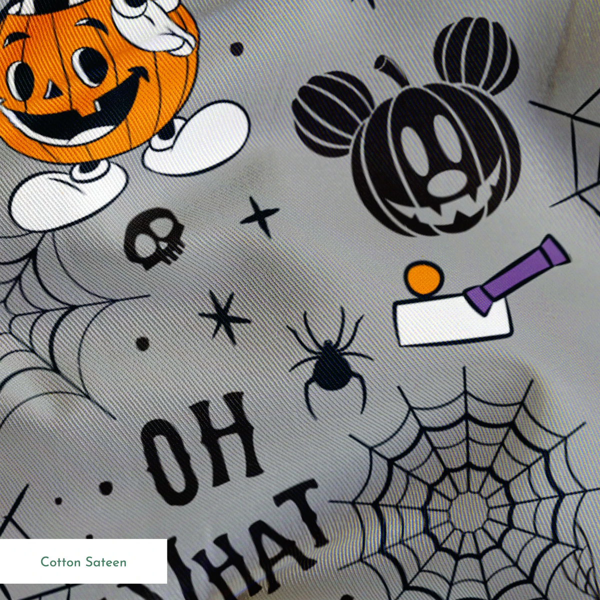 Halloween pattern with Mickey Mouse characters, pumpkins, spider webs, and "Oh What Fun!" text on gray background springs sateen texture