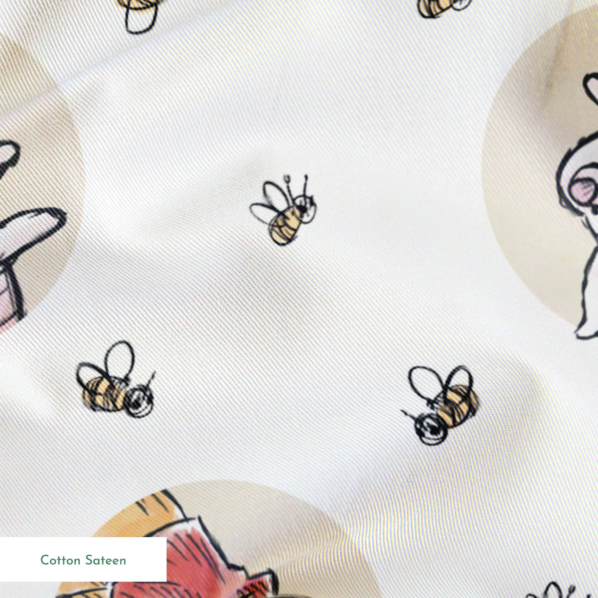 Cute cartoon Winnie the Pooh and Piglet pattern with circular vignettes and buzzing bees springs sateen texture