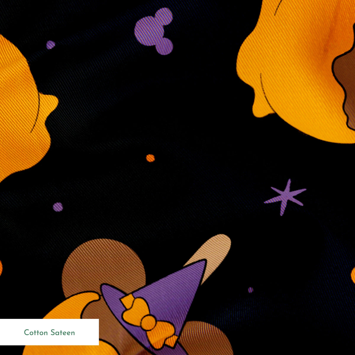 Disney-inspired caramel apples and candy apples floating in a space-like black background with purple stars. springs sateen texture