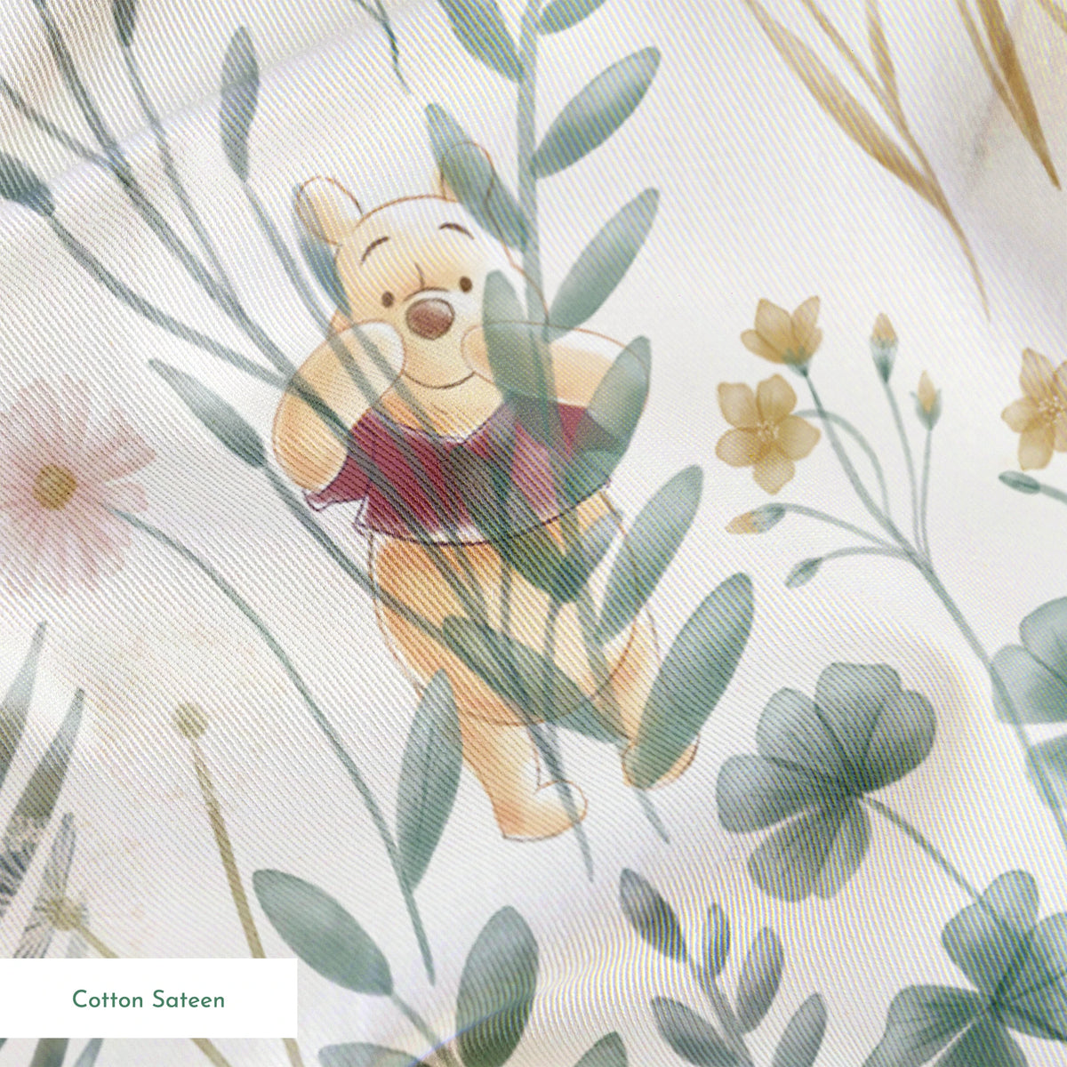 Whimsical botanical pattern with colorful teddy bears and creatures among green plants and flowers springs sateen texture