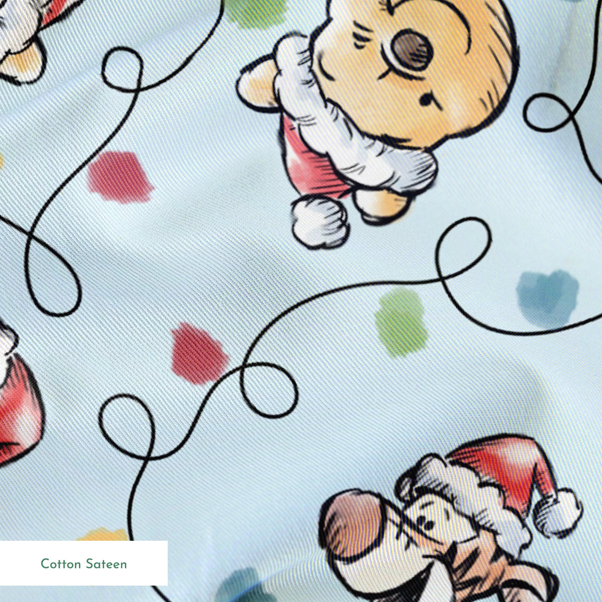 Winnie the Pooh Christmas pattern with Pooh bear, Eeyore, and Tigger in Santa hats on blue background springs sateen texture