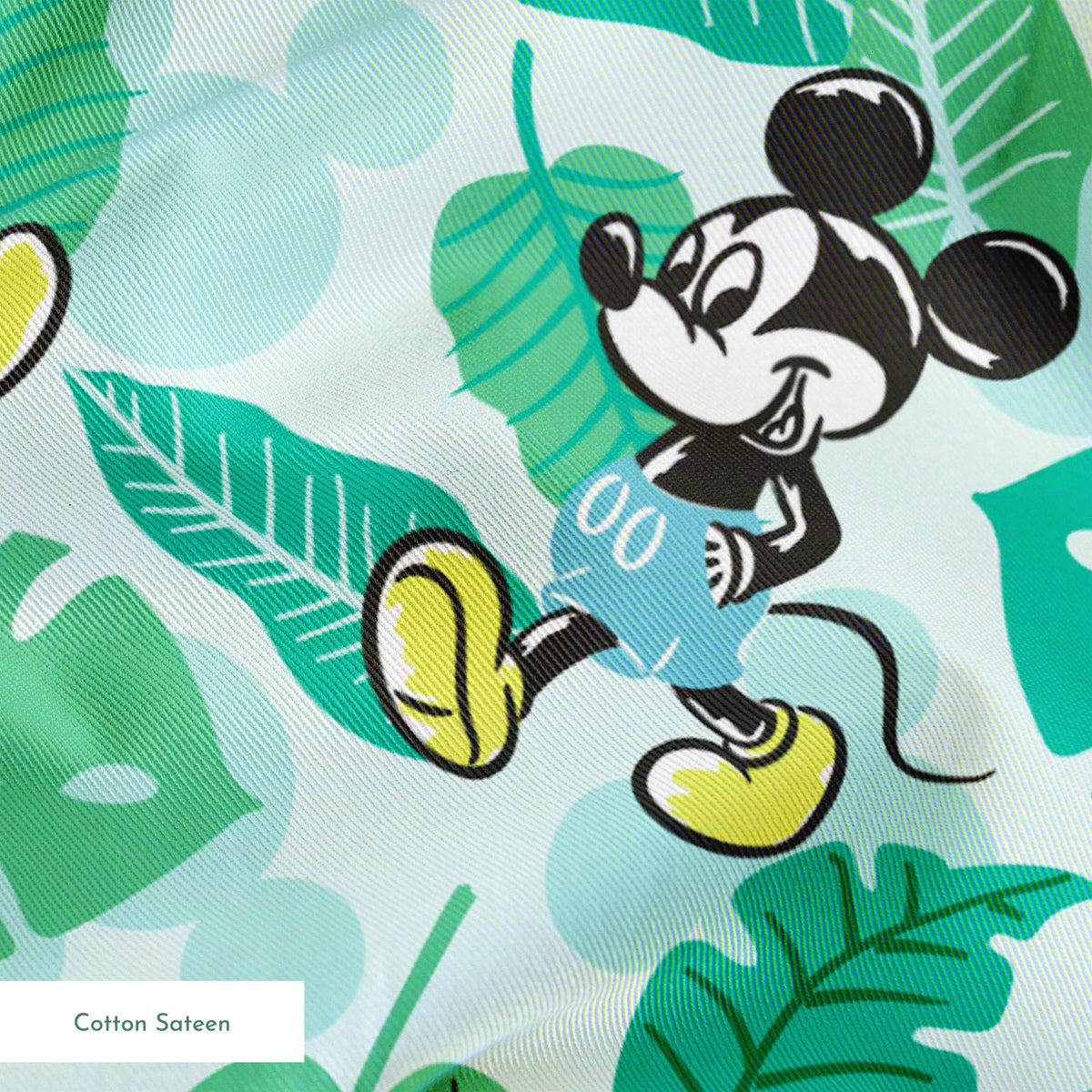 Colorful pattern with cartoon mice characters and tropical green leaves on a light blue background springs sateen texture