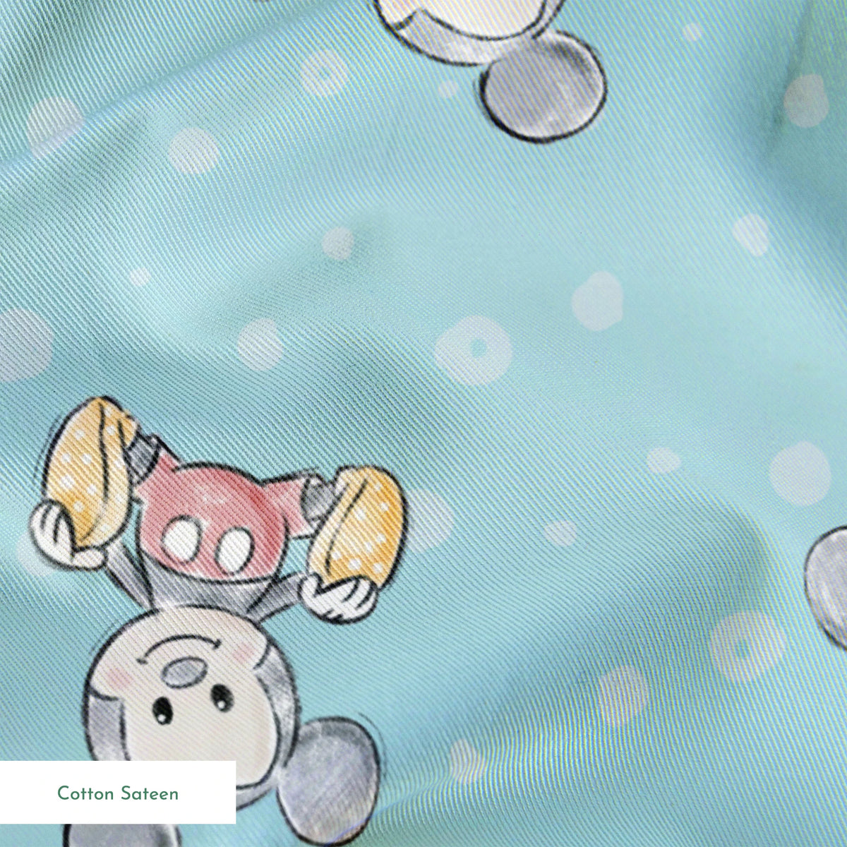 Cute cartoon mouse pattern with gray mice wearing colorful outfits on light blue polka dot background springs sateen texture