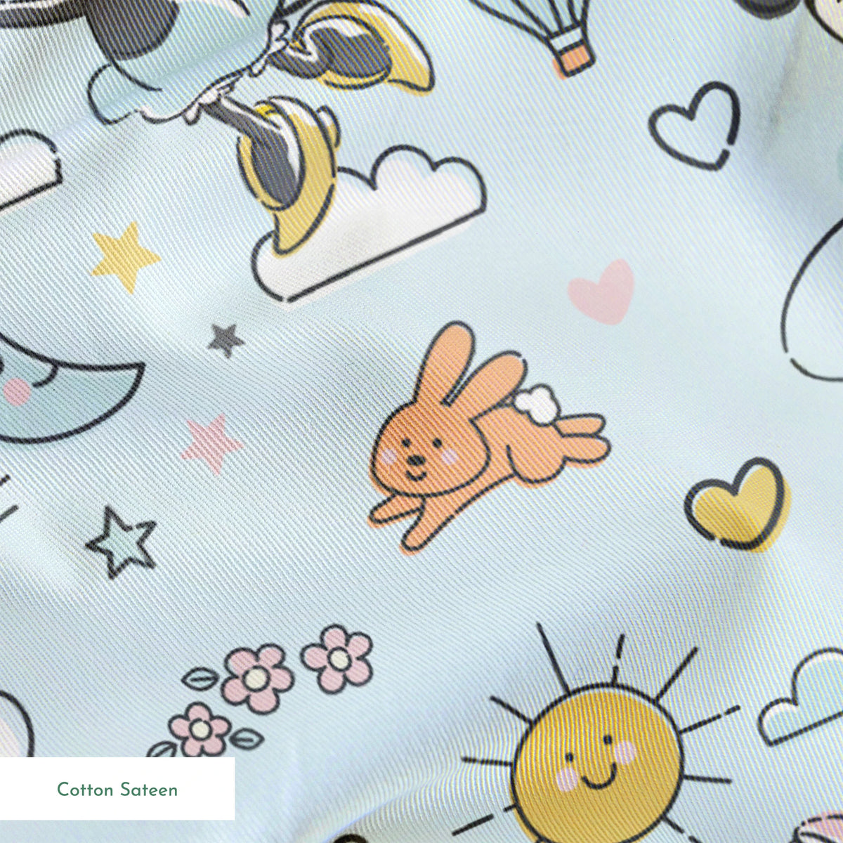 Playful Disney pattern with classic cartoon characters, rainbows, hearts, and whimsical elements on light blue background. springs sateen texture