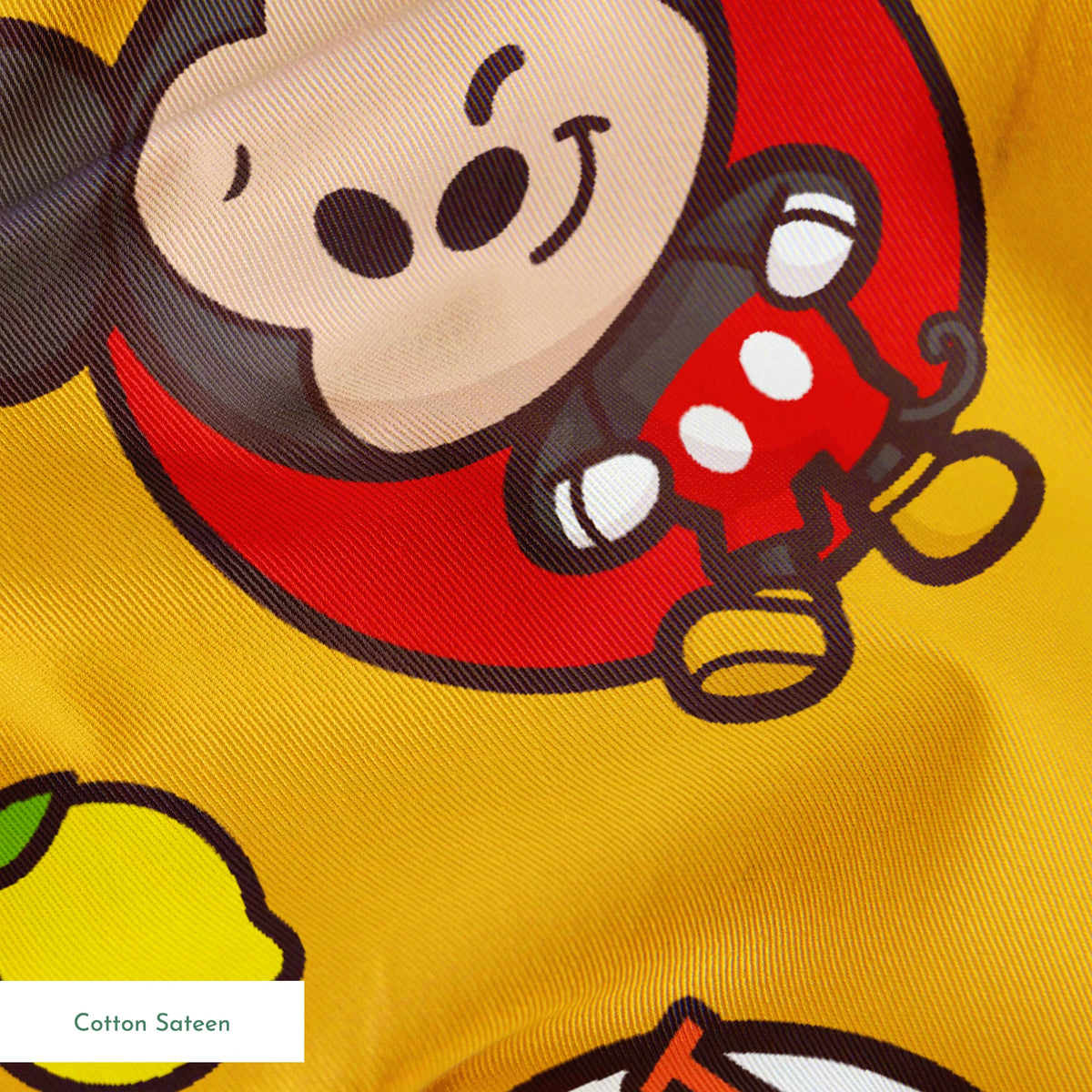 Mickey & Minnie Mouse with round badges on yellow background with fruit icons and toast patterns springs sateen texture