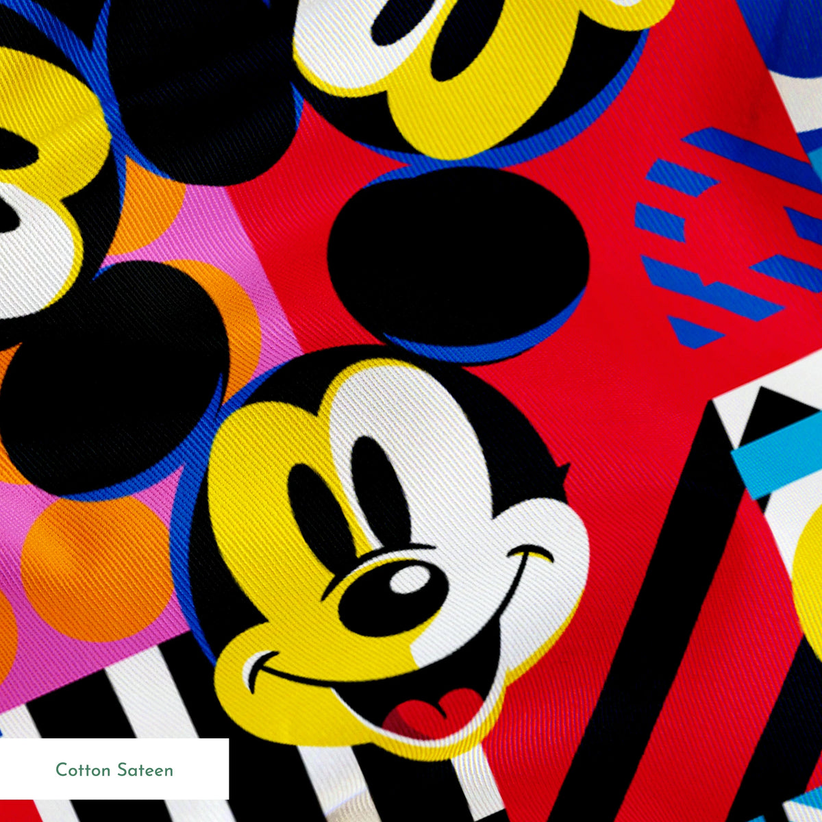 Vibrant pop art collage of Mickey Mouse in various poses against colorful geometric patterns and backgrounds springs sateen texture