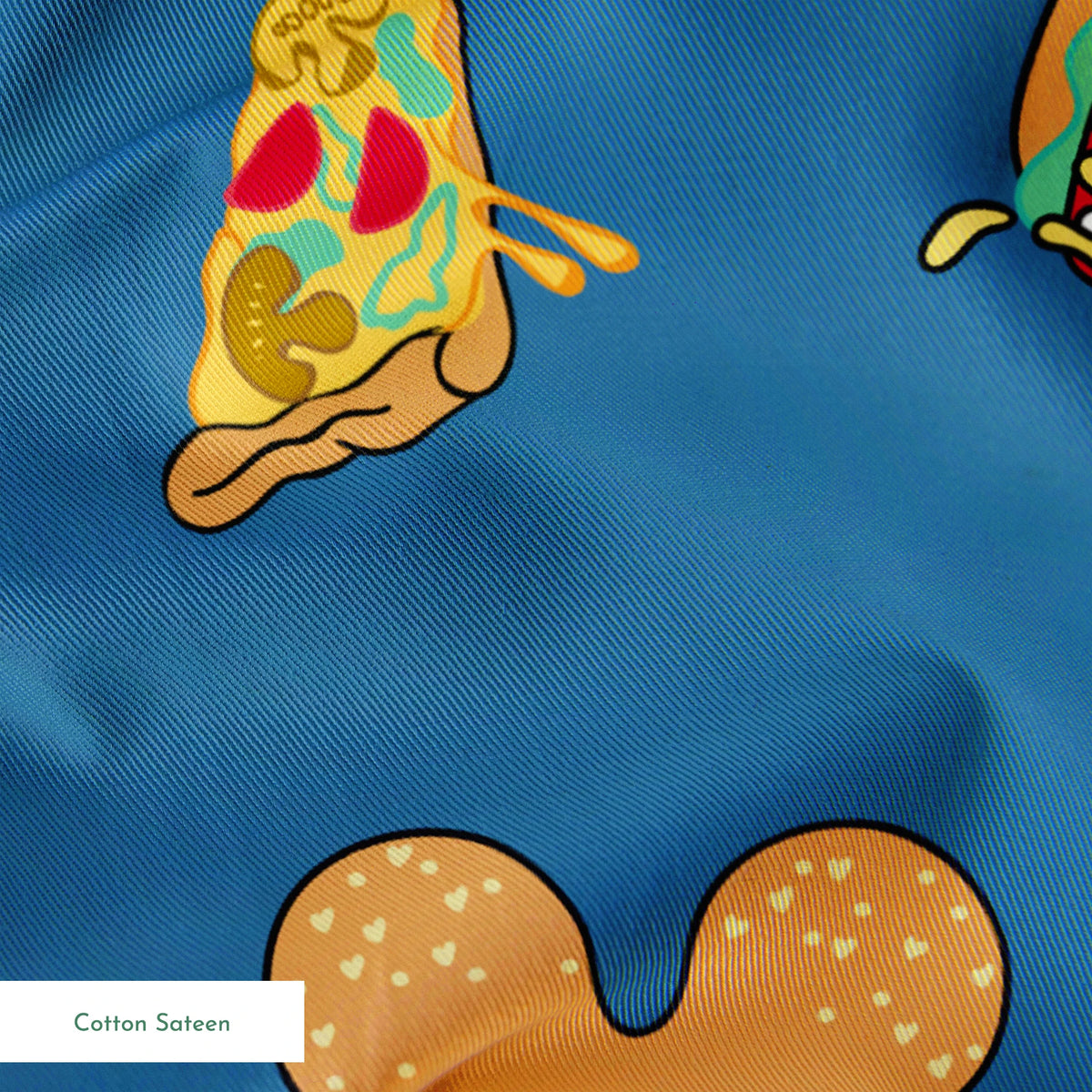 Pattern of Disney-inspired food items - hot dogs and pizza slices on blue background springs sateen texture