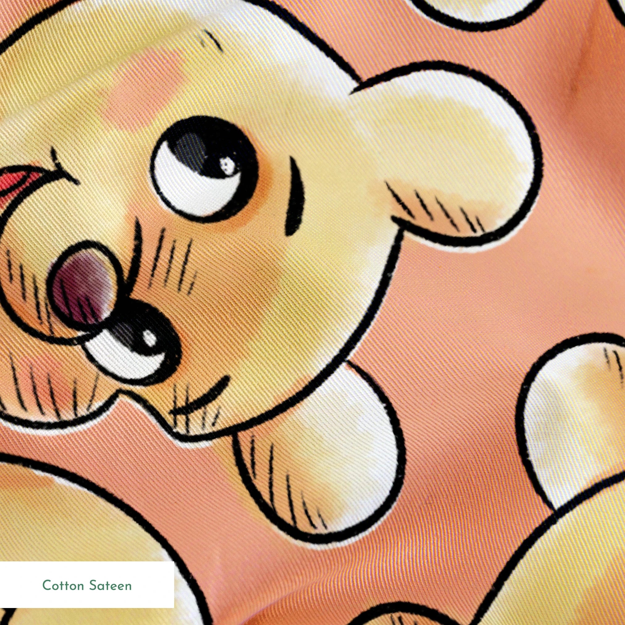 Cartoon teddy bear faces with cute expressions on peach background in repeating pattern springs sateen texture