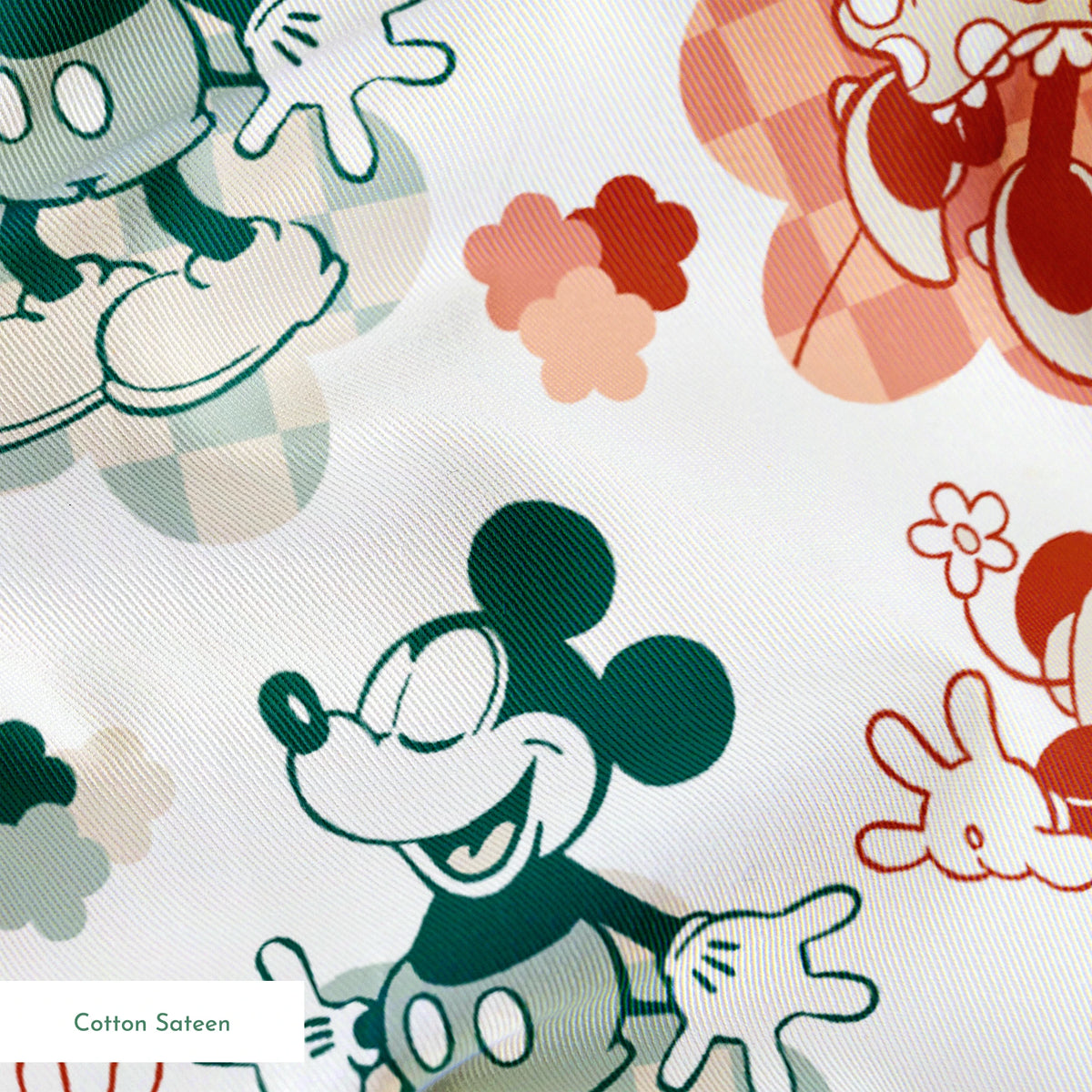 Repeating pattern of vintage-style cartoon characters in green and red-orange tones on white background springs sateen texture