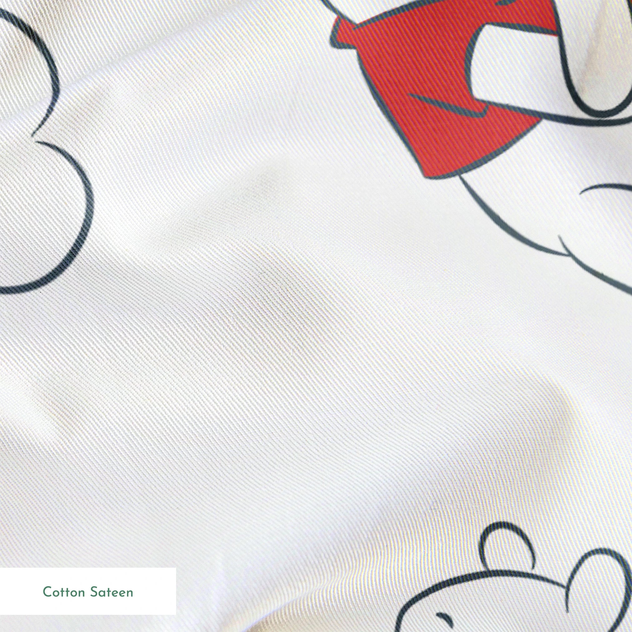 Illustration pattern of Winnie the Pooh in different poses wearing a red shirt on white background springs sateen texture