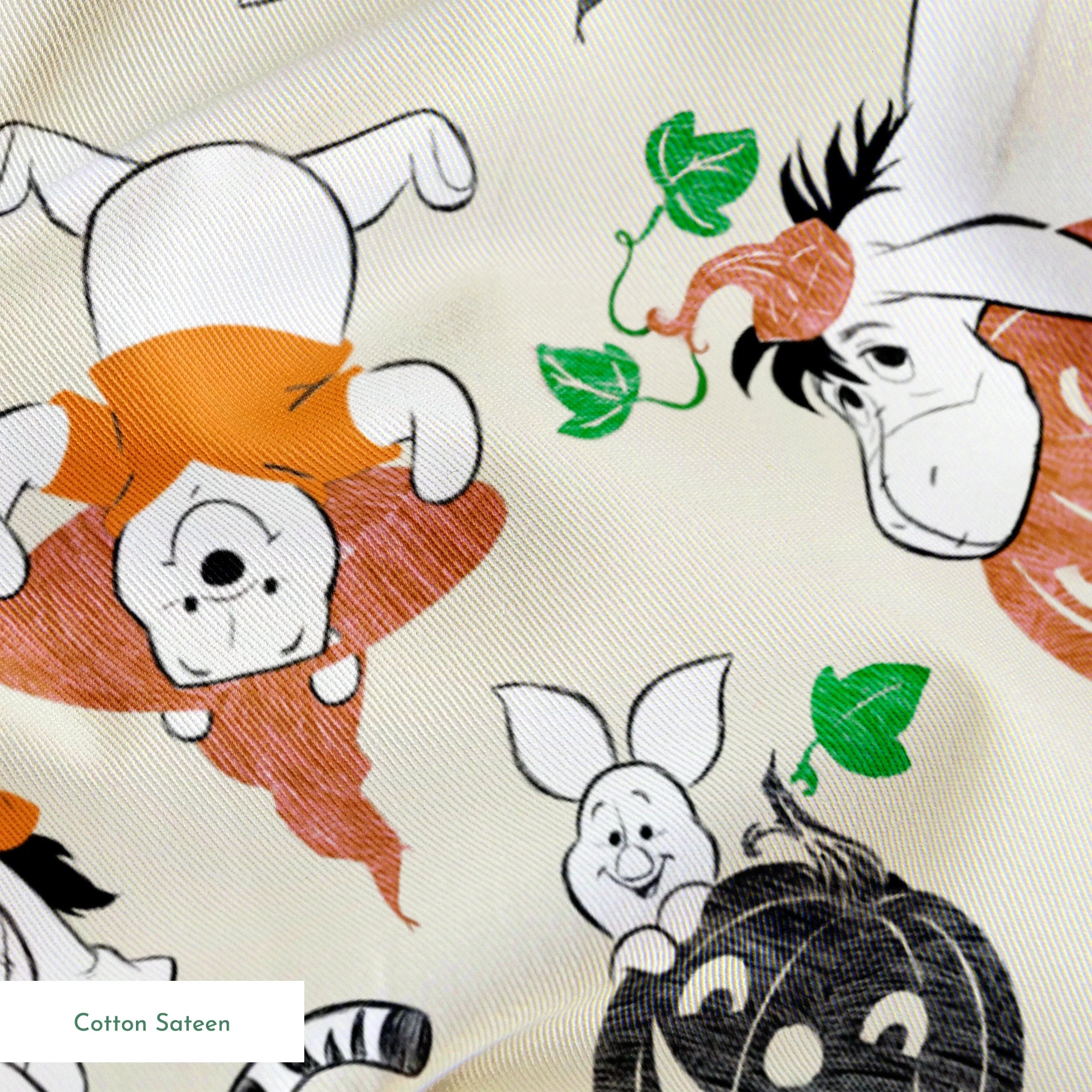 Whimsical Halloween pattern with cartoon ghosts, pumpkins, cats, and bears on cream background springs sateen texture