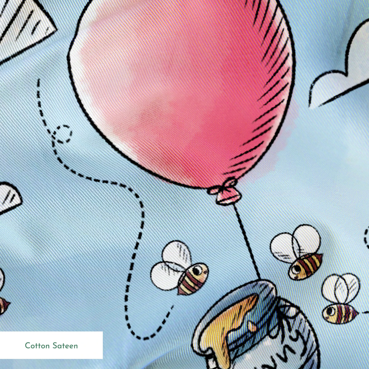 Cute yellow bear characters floating with pink balloons and honey pots against a blue sky with cl... springs sateen texture