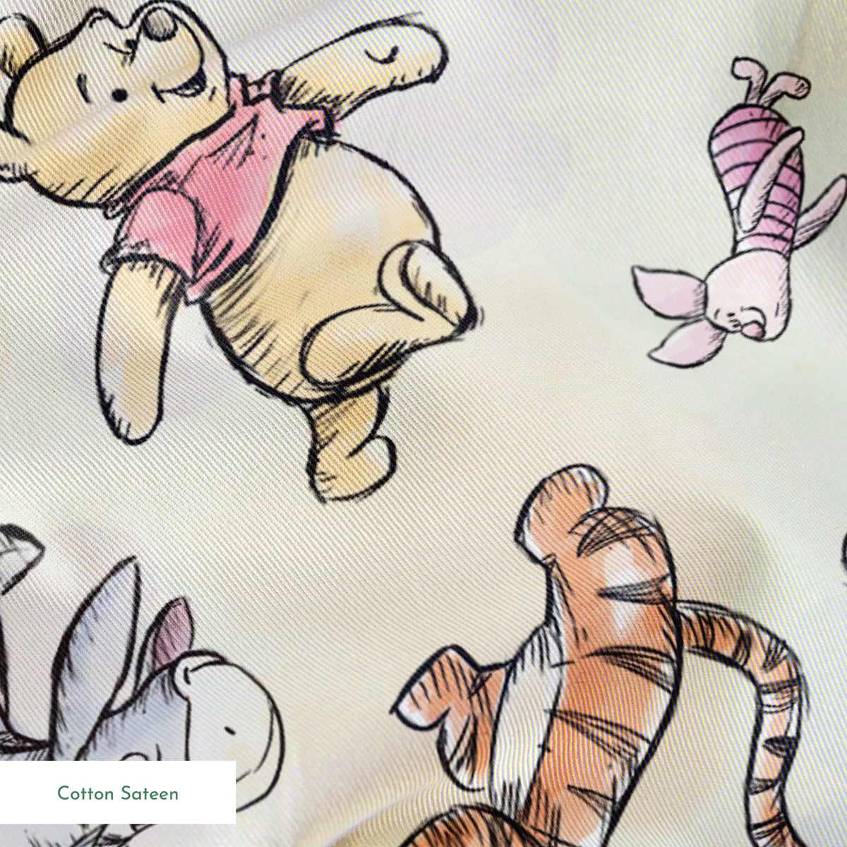 Whimsical pattern featuring cartoon bears in red shirts with bouncing tigers and small pink chara... springs sateen texture