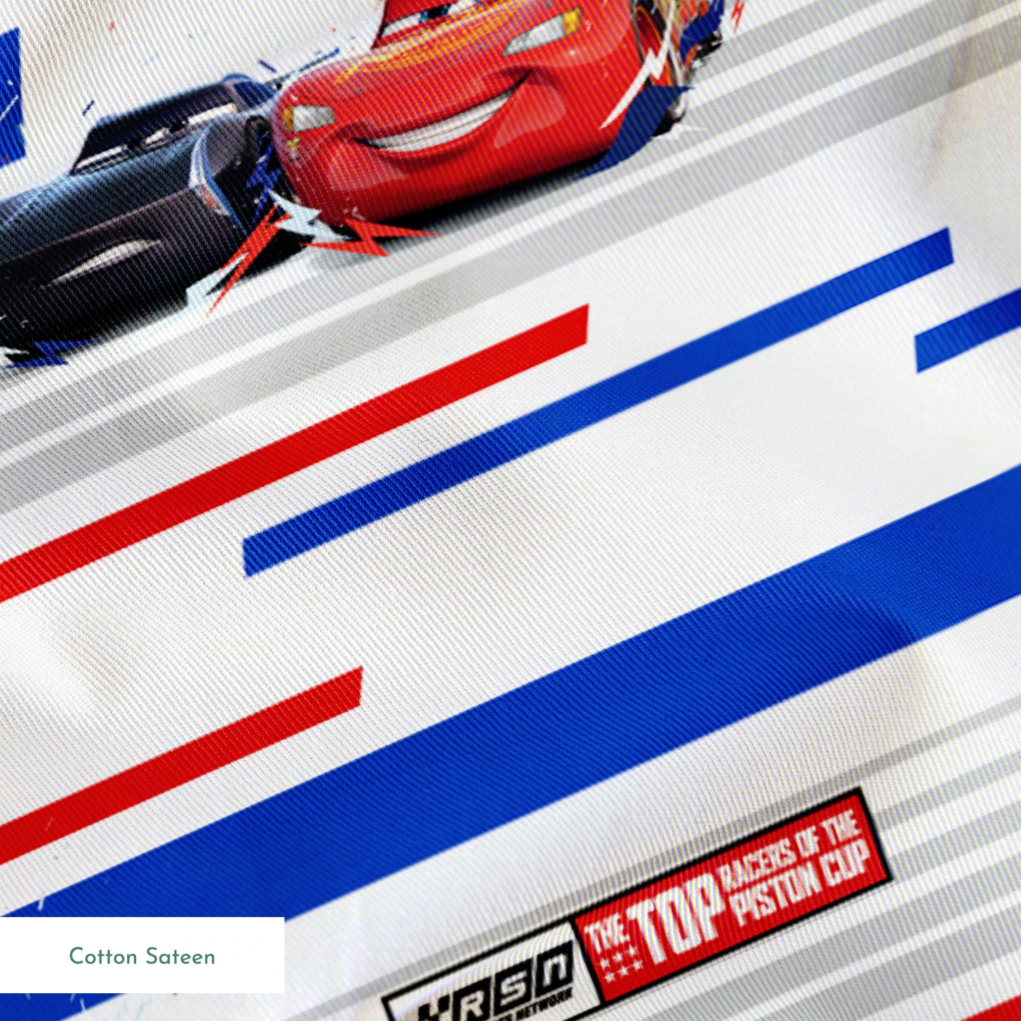 Red and black race cars from Disney Pixar's Cars movie on striped blue, white, and red background with XSpeed logo springs sateen texture