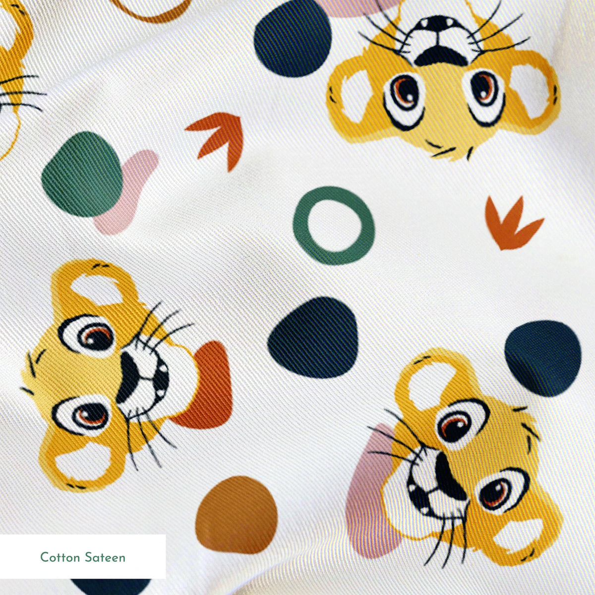 Cute Lion King characters with colorful abstract shapes in pink, teal, brown, and navy on white springs sateen texture