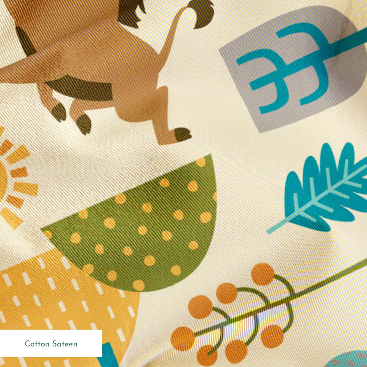 Playful Lion King pattern with brown bears, yellow puppies, blue clouds, stylized trees, and sun motifs on cream background springs sateen texture