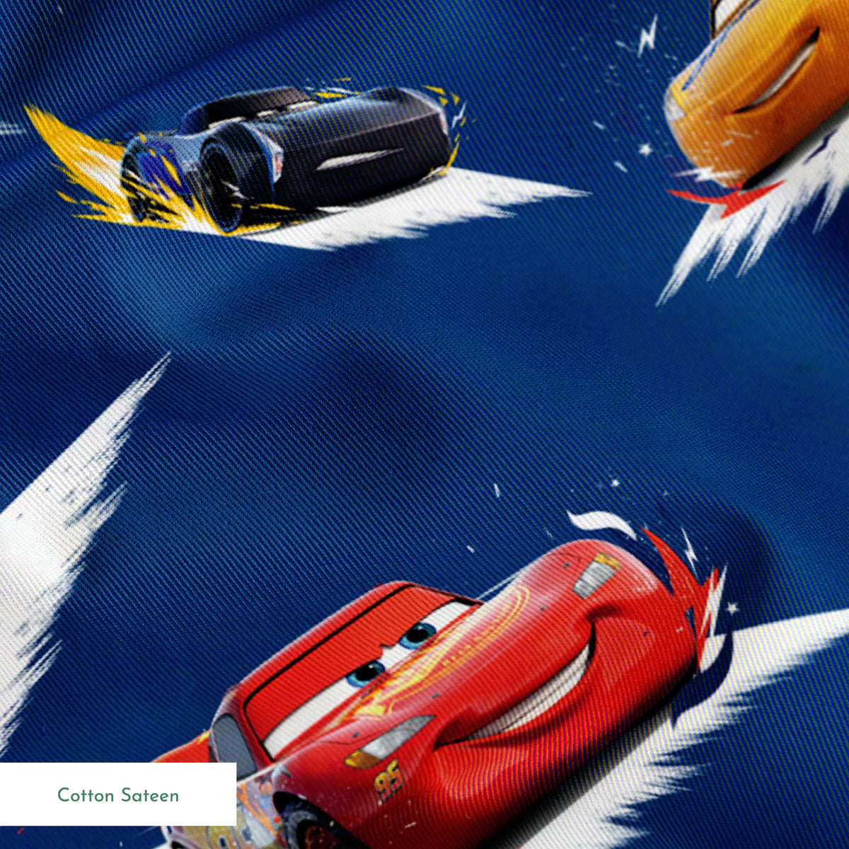 Animated race cars from Disney's Cars movie speeding across a blue background with white motion streaks springs sateen texture