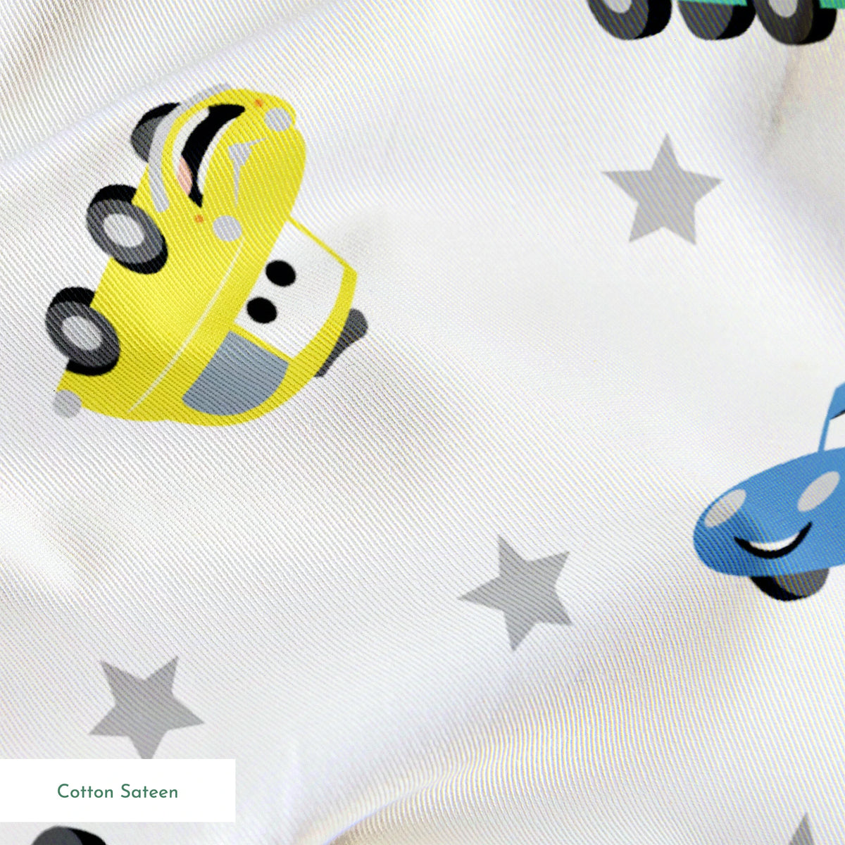 Cartoon vehicles pattern with colorful cars, trucks, and racing cars on white background with gray stars springs sateen texture