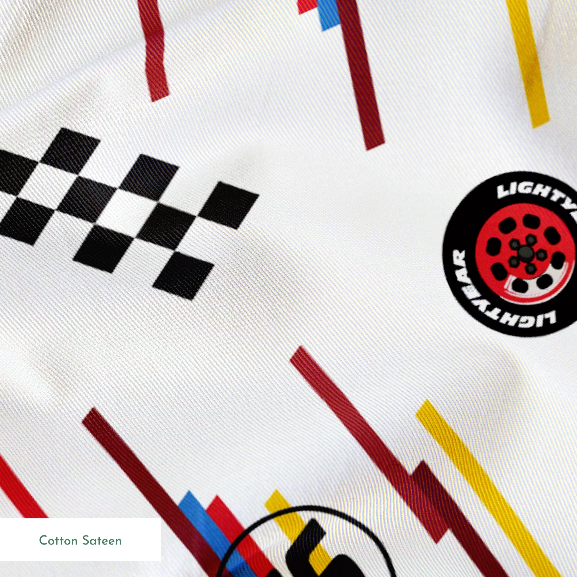 Racing car pattern with red toy cars, checkered flags, number 95 emblems, and colorful lines on white background springs sateen texture