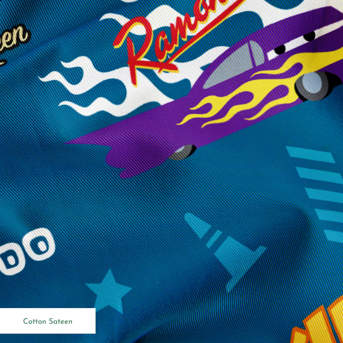 Disney Cars pattern featuring Lightning McQueen, Ramone's purple car with flames, and The King 43 on blue background with racing icons springs sateen texture