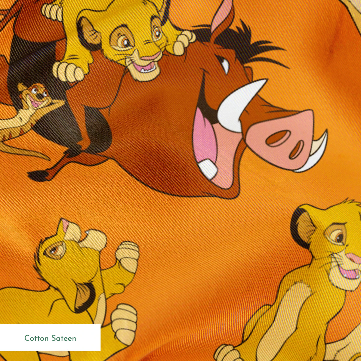 Playful pattern of cartoon cubs in yellow and brown poses on bright orange background with pawprints springs sateen texture