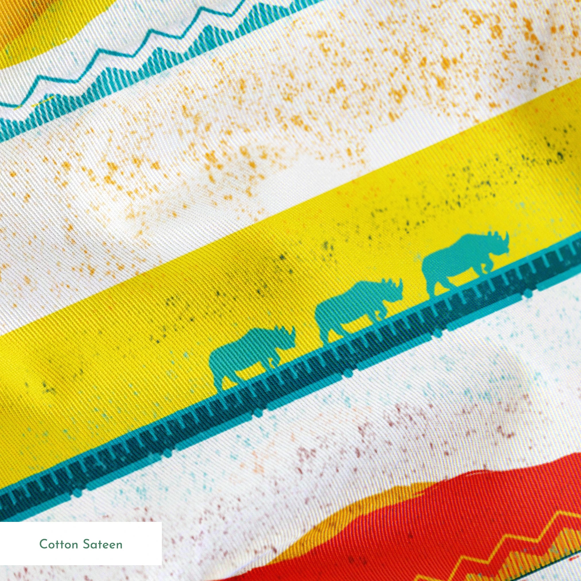 Colorful horizontal striped pattern featuring wildlife silhouettes including lion, elephant, and animals in savanna landscapes. springs sateen texture