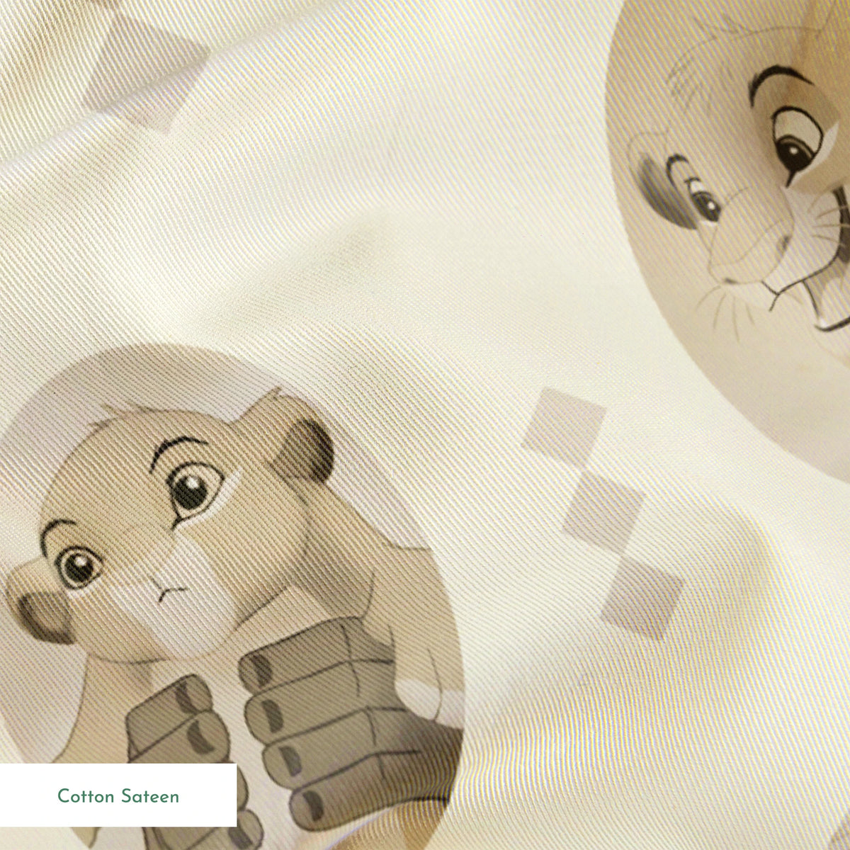 Lion King characters in sepia tone portraits on cream background with diamond pattern springs sateen texture