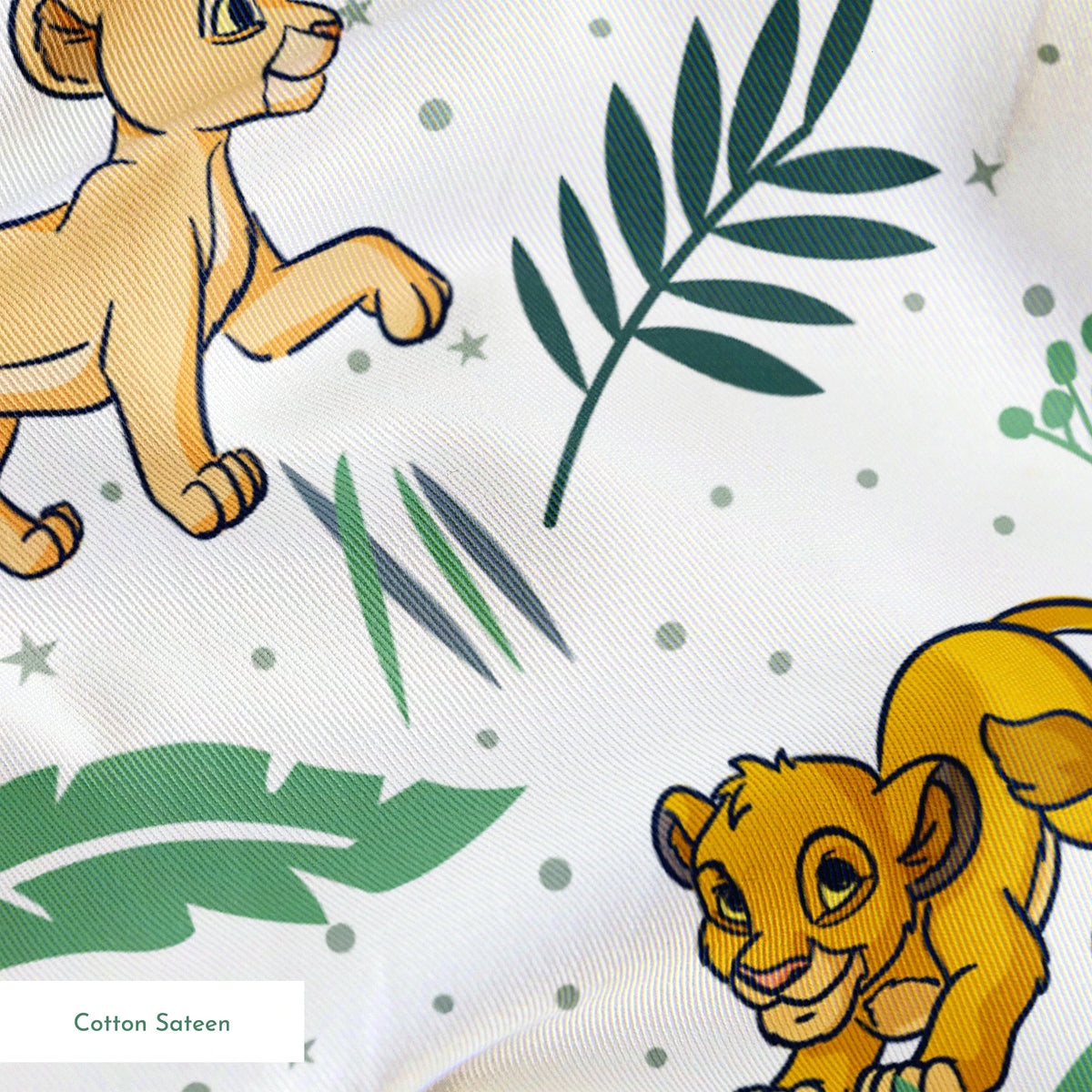 Cartoon lion cubs playing among tropical leaves and plants in green and blue tones on white background springs sateen texture