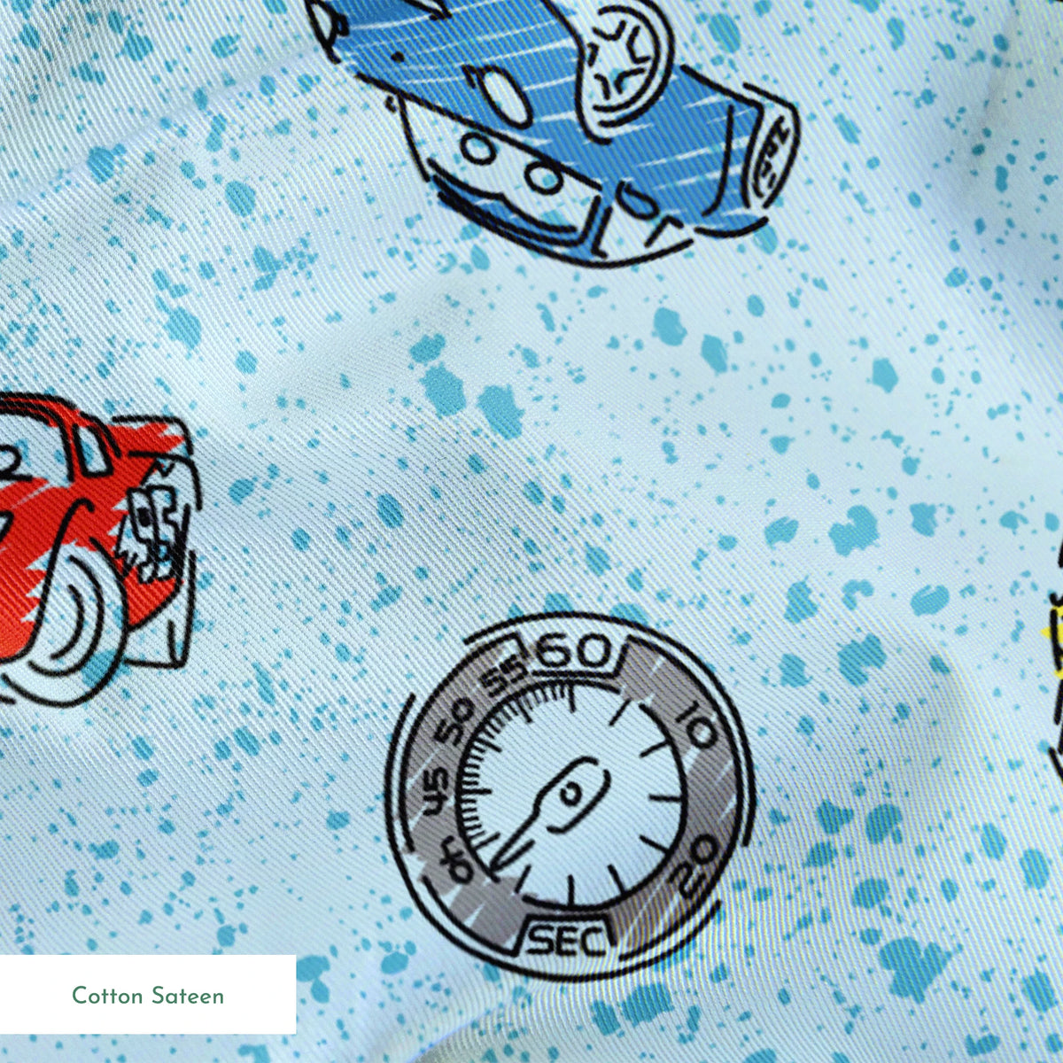 Colorful cartoon cars and watches scattered on a light blue speckled background pattern springs sateen texture
