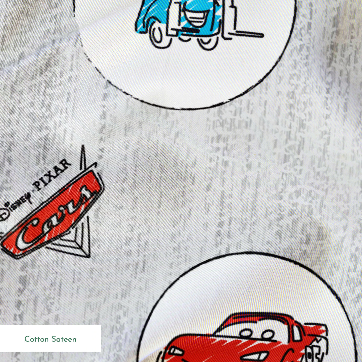 Cartoon Cars movie characters in white circles on a light gray sketched background with Cars logos springs sateen texture