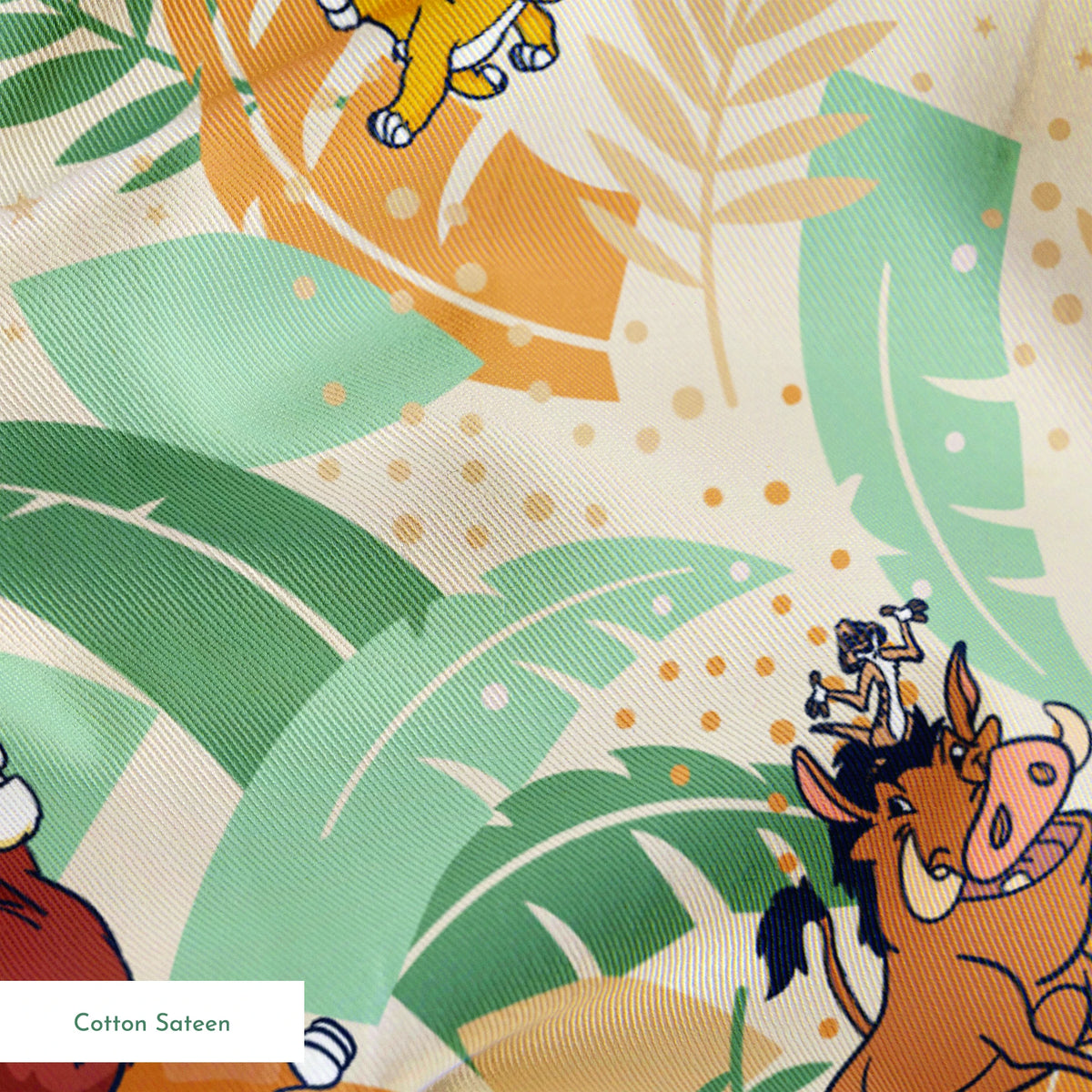 Lion King-inspired pattern with lions and jungle animals amid colorful tropical leaves on cream background springs sateen texture