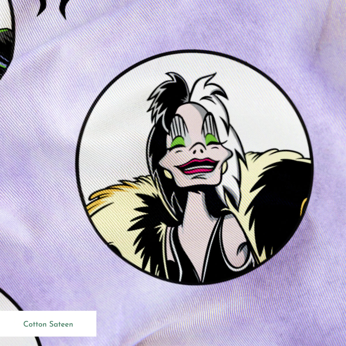 Disney villains pattern with circular character portraits on lavender background with black silhouettes of iconic symbols springs sateen texture