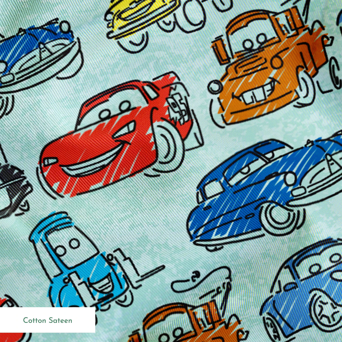 Colorful cartoon cars pattern including red racecars, blue sedans, yellow coupes, and tow trucks on light blue background springs sateen texture