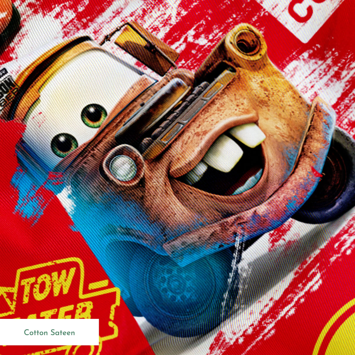 Colorful Cars movie characters pattern featuring Lightning McQueen and Mater on red background with logos springs sateen texture