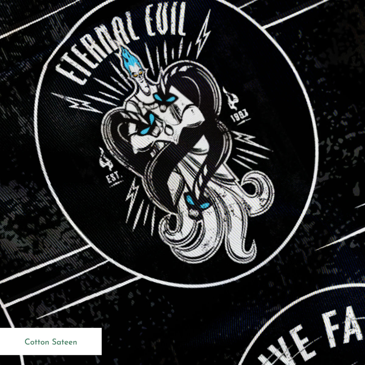 Punk-style Disney Villain circular badges including "Eternal Evil," "Live Fast Drive Faster," and green "Mayhem" designs on black background springs sateen texture