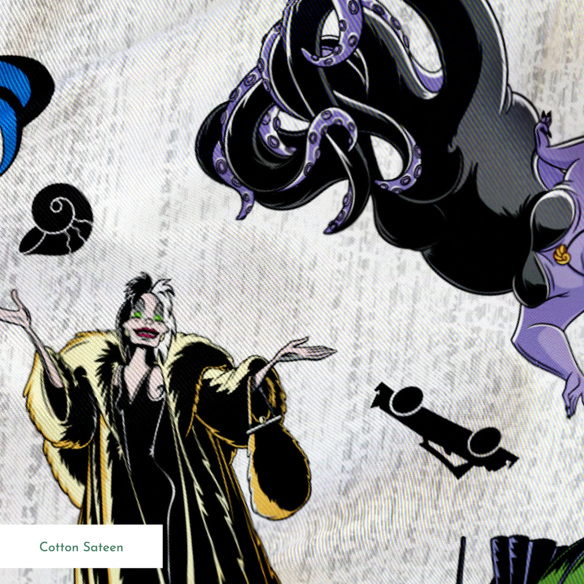 Disney villains pattern with stylized character silhouettes in black, purple, green, and orange on textured white background springs sateen texture
