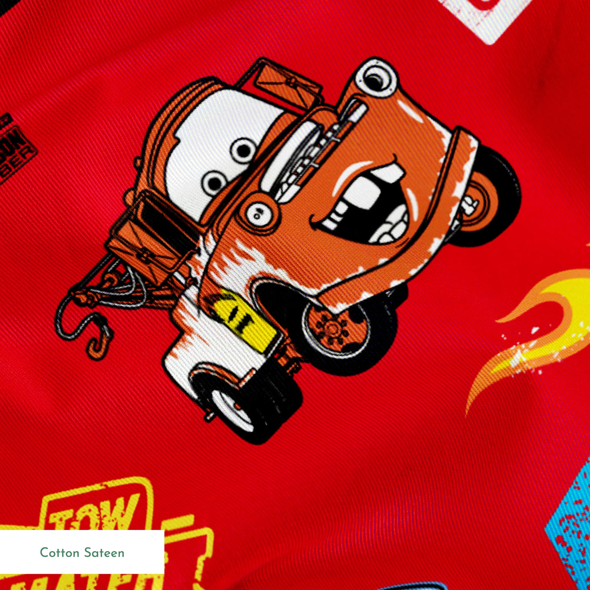 Colorful Disney Cars pattern featuring Lightning McQueen and Mater on vibrant red background with logos springs sateen texture