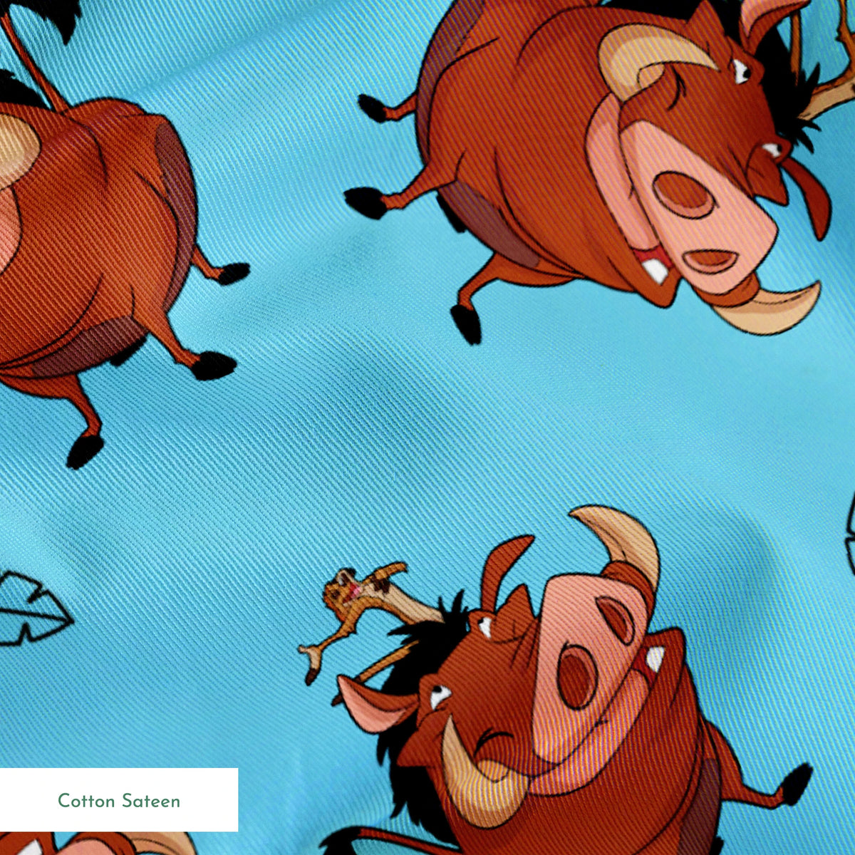 Cheerful Lion King characters with flower crowns dancing on light blue background with leaf patterns springs sateen texture