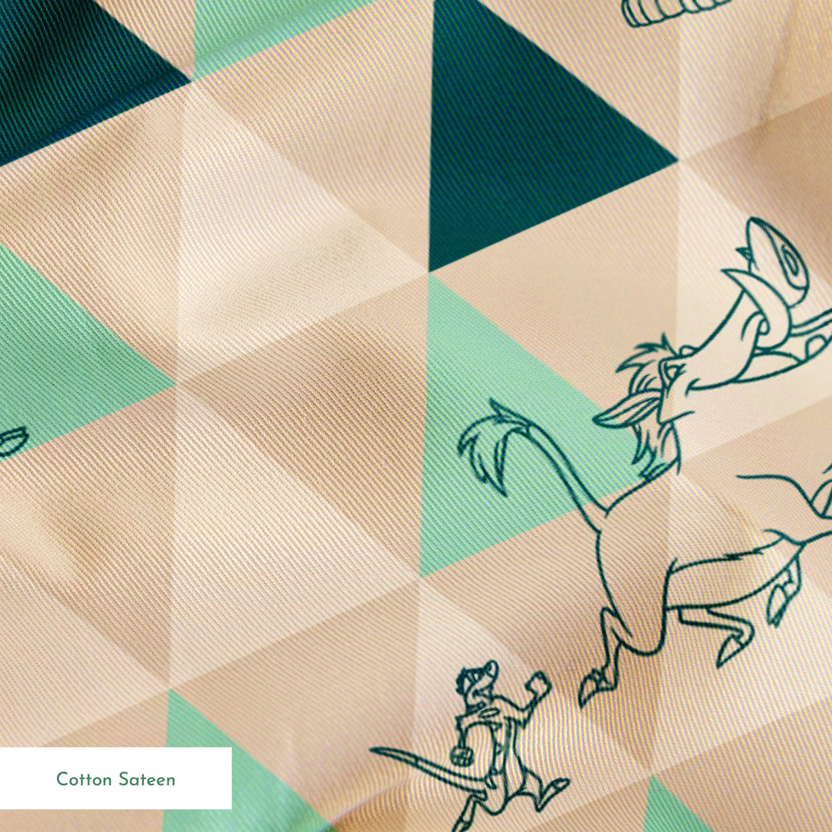 Geometric triangle pattern with stylized animal illustrations in teal and beige, featuring dogs, elephants, and other creatures. springs sateen texture
